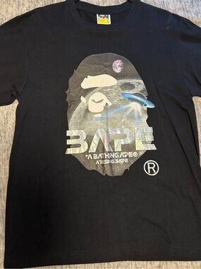 A Bathing Ape Black Tee with Holographic Space Ape Logo